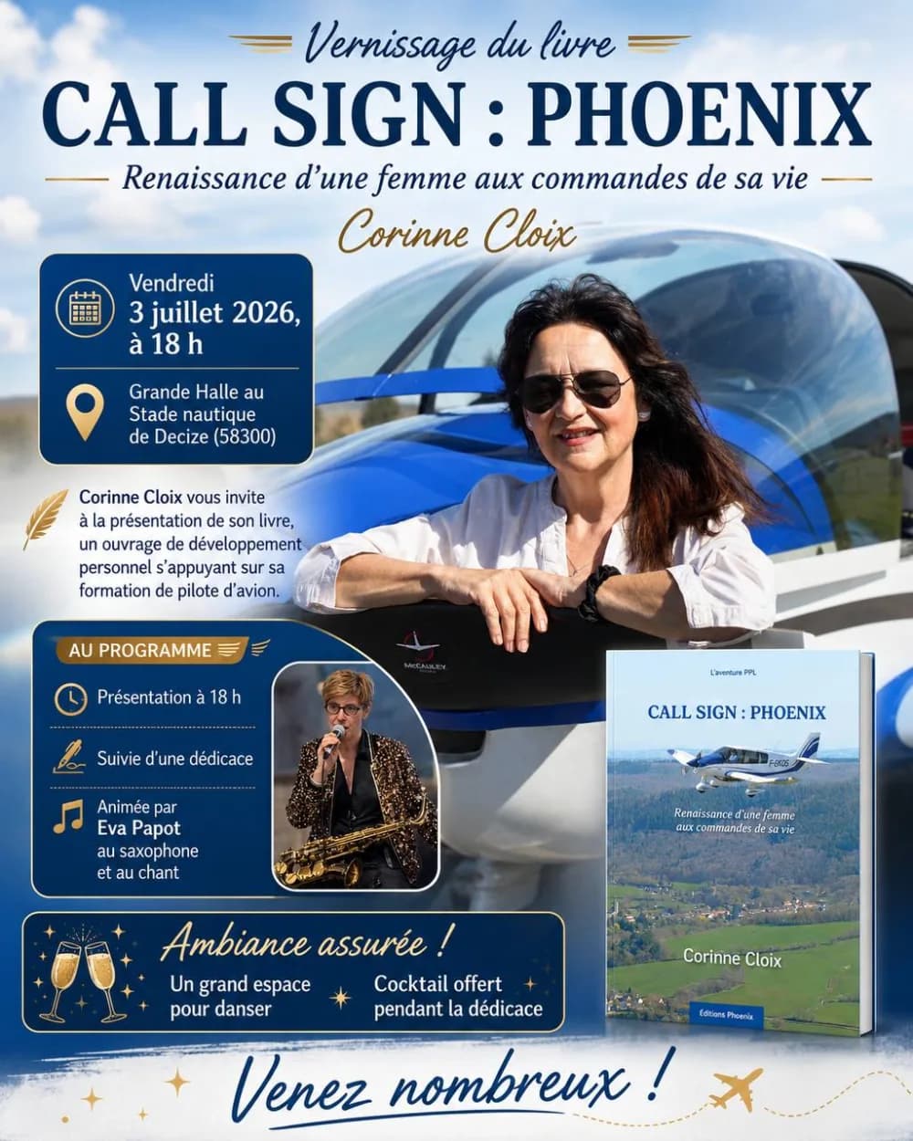 Affiche du vernissage du livre Call Sign : Phoenix de Corinne Cloix, le 3 juillet 2026 à la Grande Halle du Stade nautique de Decize.
